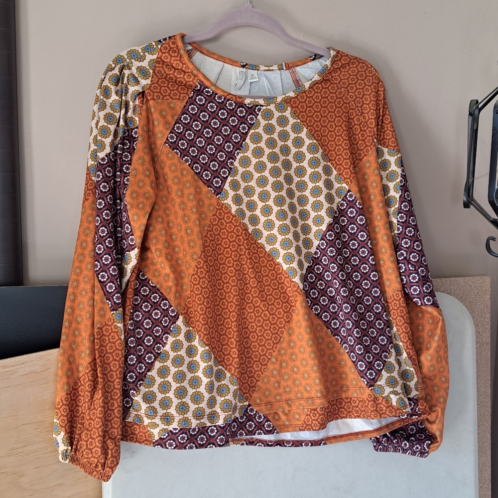 Cato Faux Patchwork Pleated Puff Sleeve Top sz M